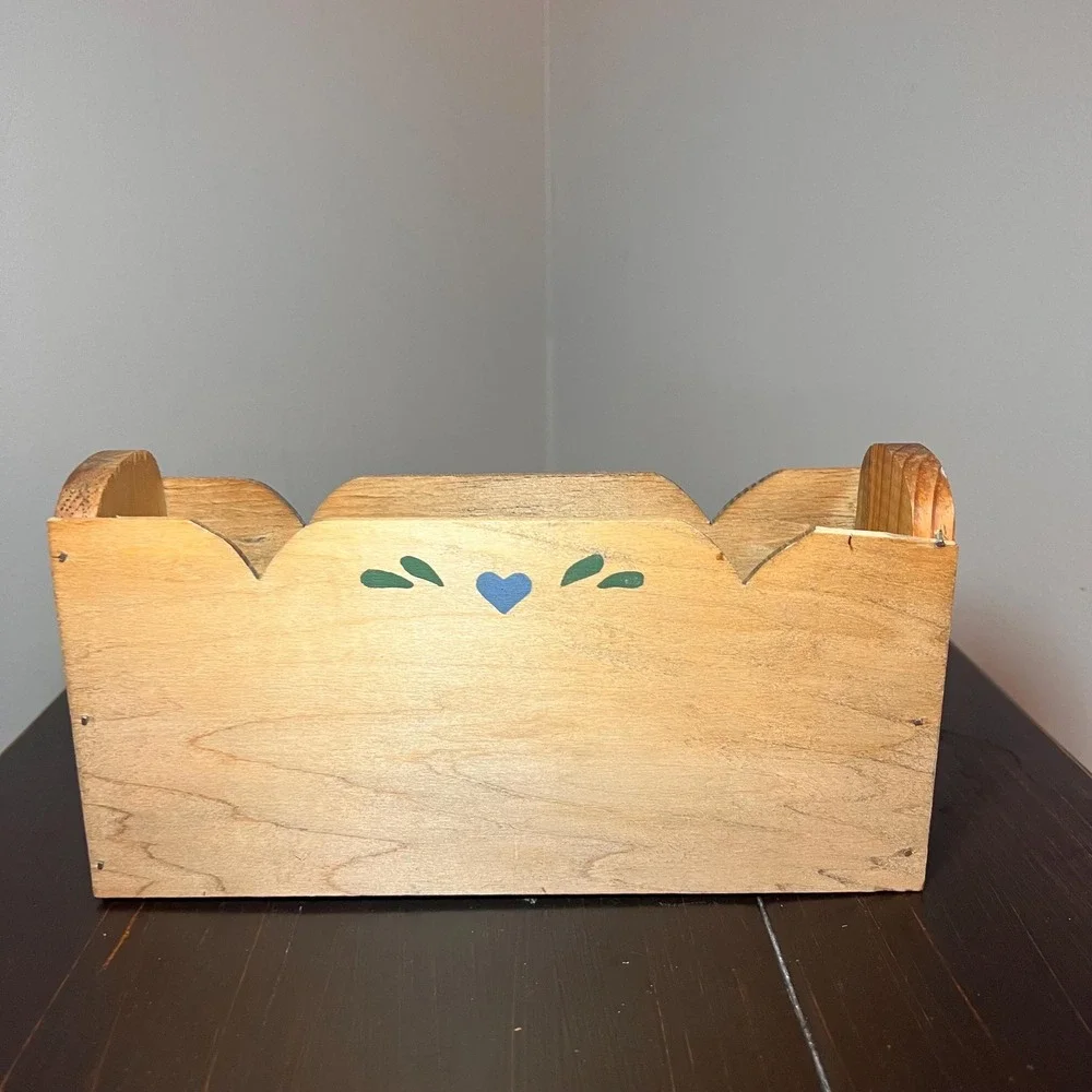 Wooden Napkin Holder Rustic Farmhouse Mail Organizer Country Blue Heart Folk Art